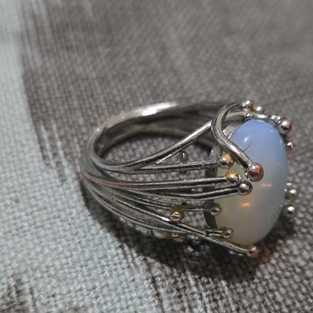 Vibrant Opal Ring Light Brilliant Blue With Silver And Gold Accents. Gorgeous! - Picture 3 of 6
